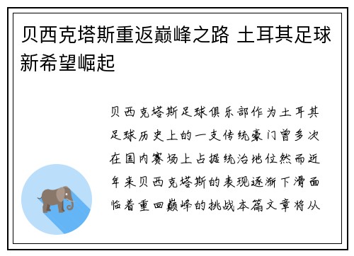 贝西克塔斯重返巅峰之路 土耳其足球新希望崛起