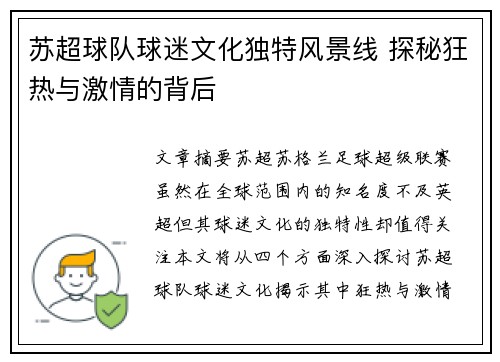 苏超球队球迷文化独特风景线 探秘狂热与激情的背后