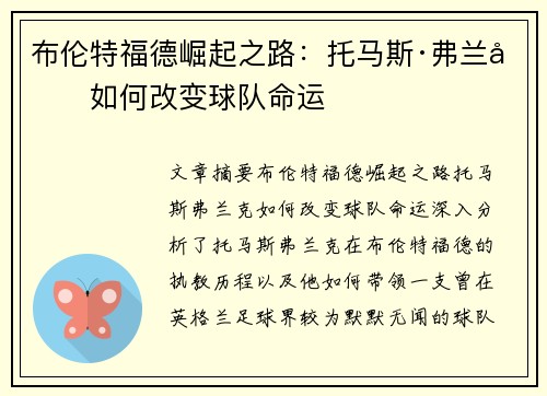 布伦特福德崛起之路：托马斯·弗兰克如何改变球队命运