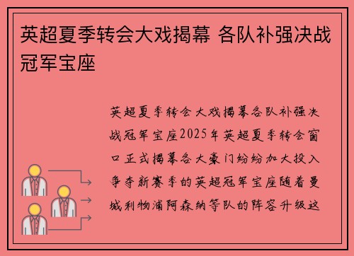 英超夏季转会大戏揭幕 各队补强决战冠军宝座